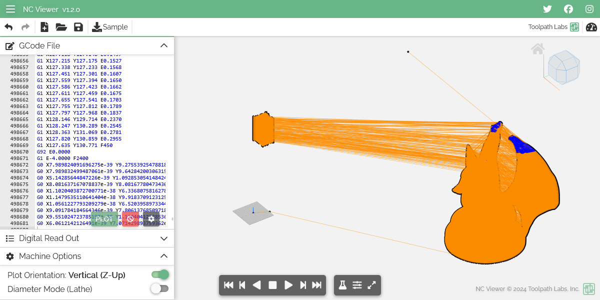 screenshot of <abbr class="g-capital">NC</abbr> Viewer: a side panel contains the G-code in question and the visualised trace is shown in the main display